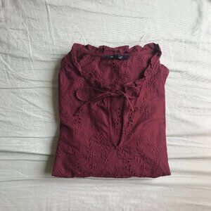 NWOT Madewell Burgundy Eyelet Embroidered Popover Tie-Front Cotton Top Size XXS